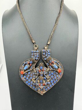 ANTIQUE TIBETAN PENDANT Huge Mid-century Reversible Nepalese Filigree Necklace